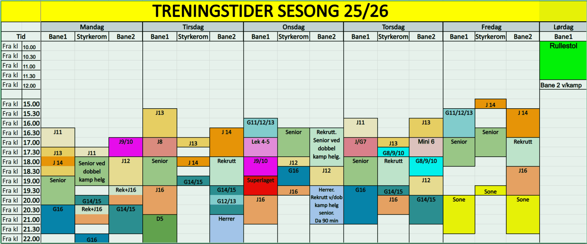 Treningstider sesong 25-26 Treningstider sesong 25-26